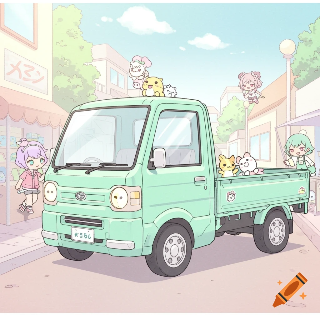 Chibi anime characters and animals ride a light green kei truck on a pastel-colored street in gacha club style.