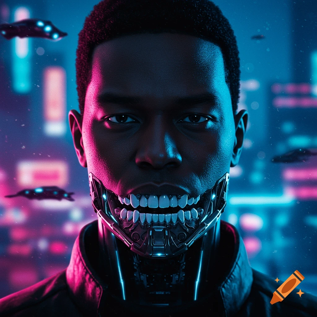 Close-up of a futuristic man with short black hair and a detailed metal jaw, against a blurry cyberpunk city background.