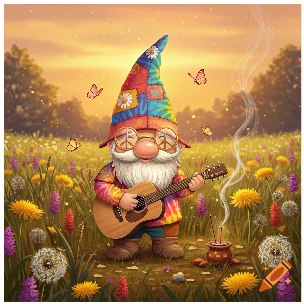 A cartoon gnome in a tie-dye hat and shirt plays a guitar in a field of wildflowers with butterflies and an incense burner.