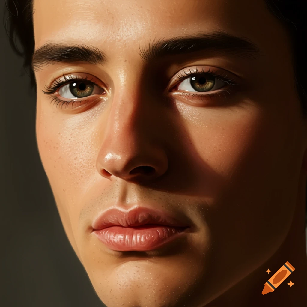Close-up, hyperrealistic portrait of a young man's face, bathed in dramatic light and shadow.