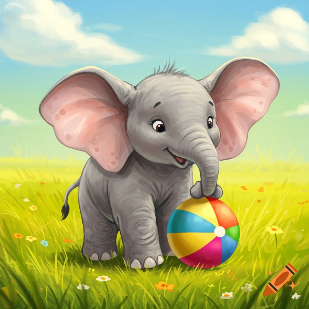 A cute cartoon baby elephant with large ears plays with a colorful ball in a vibrant green field under a blue sky.