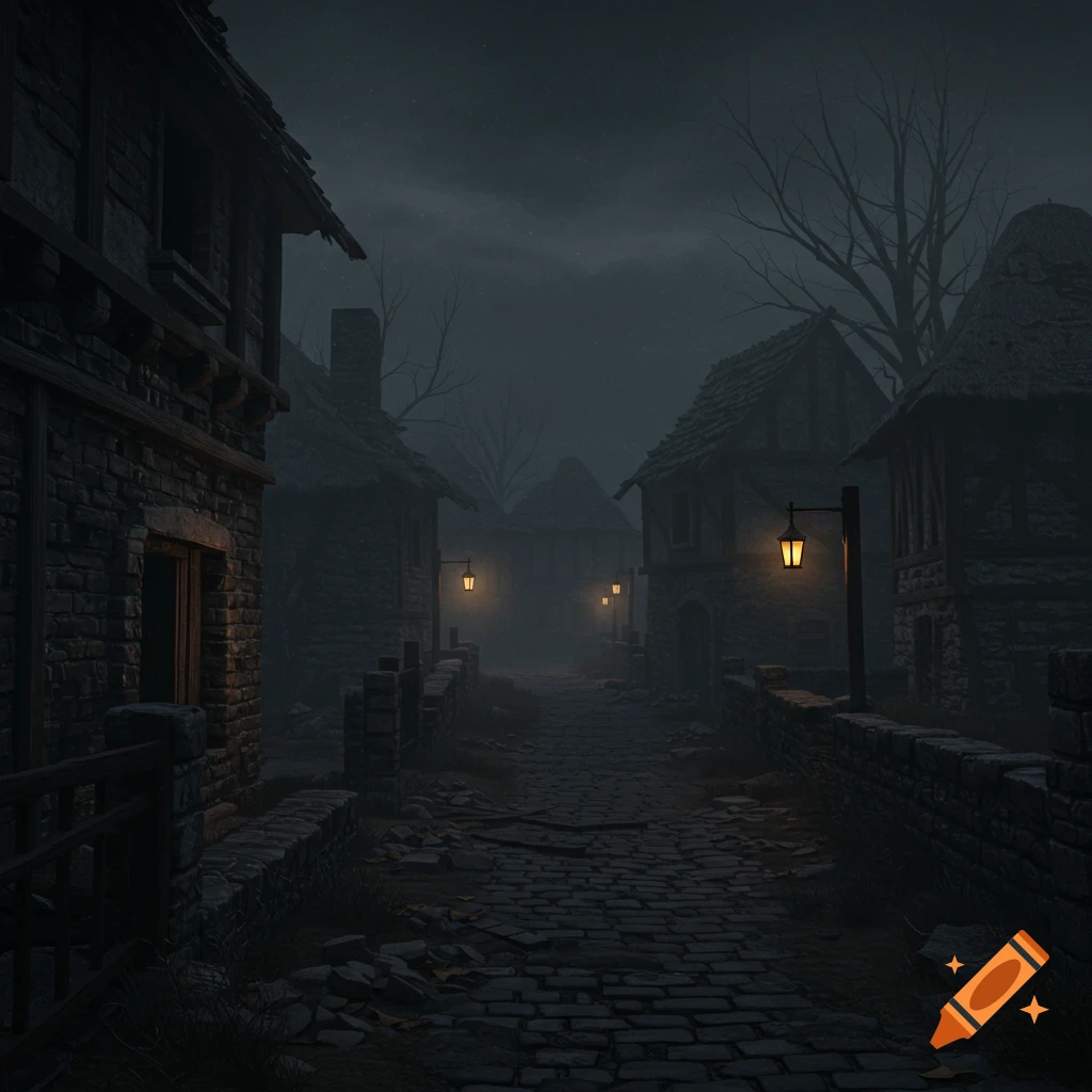A dark, foggy medieval village street at night with stone houses, cobblestone path, and glowing street lamps.