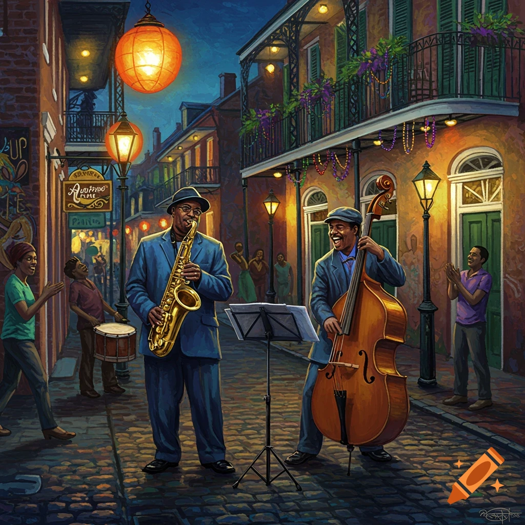 A vibrant painting of a jazz band playing saxophone and upright bass on a lively New Orleans street at night.