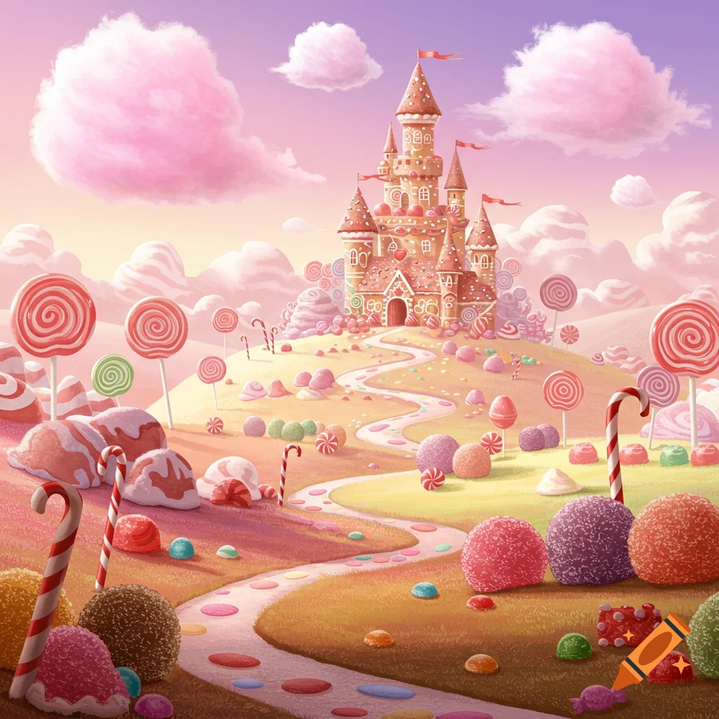 Candy city clipart with colorful buildings and sweets on Craiyon, image size:1024x1024