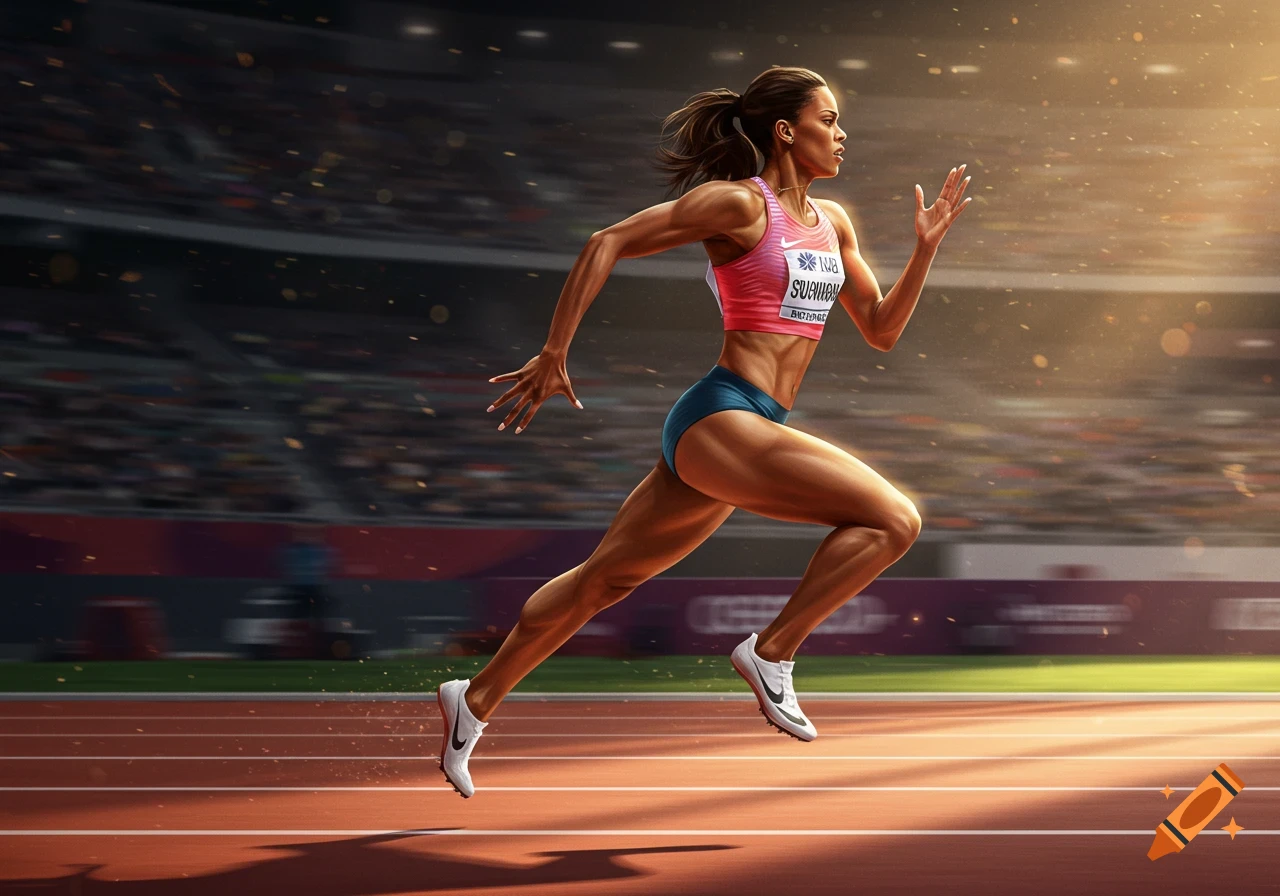 A muscular female runner sprints on a track in a stadium, with sunlight illuminating her. She wears a pink crop top and blue shorts.