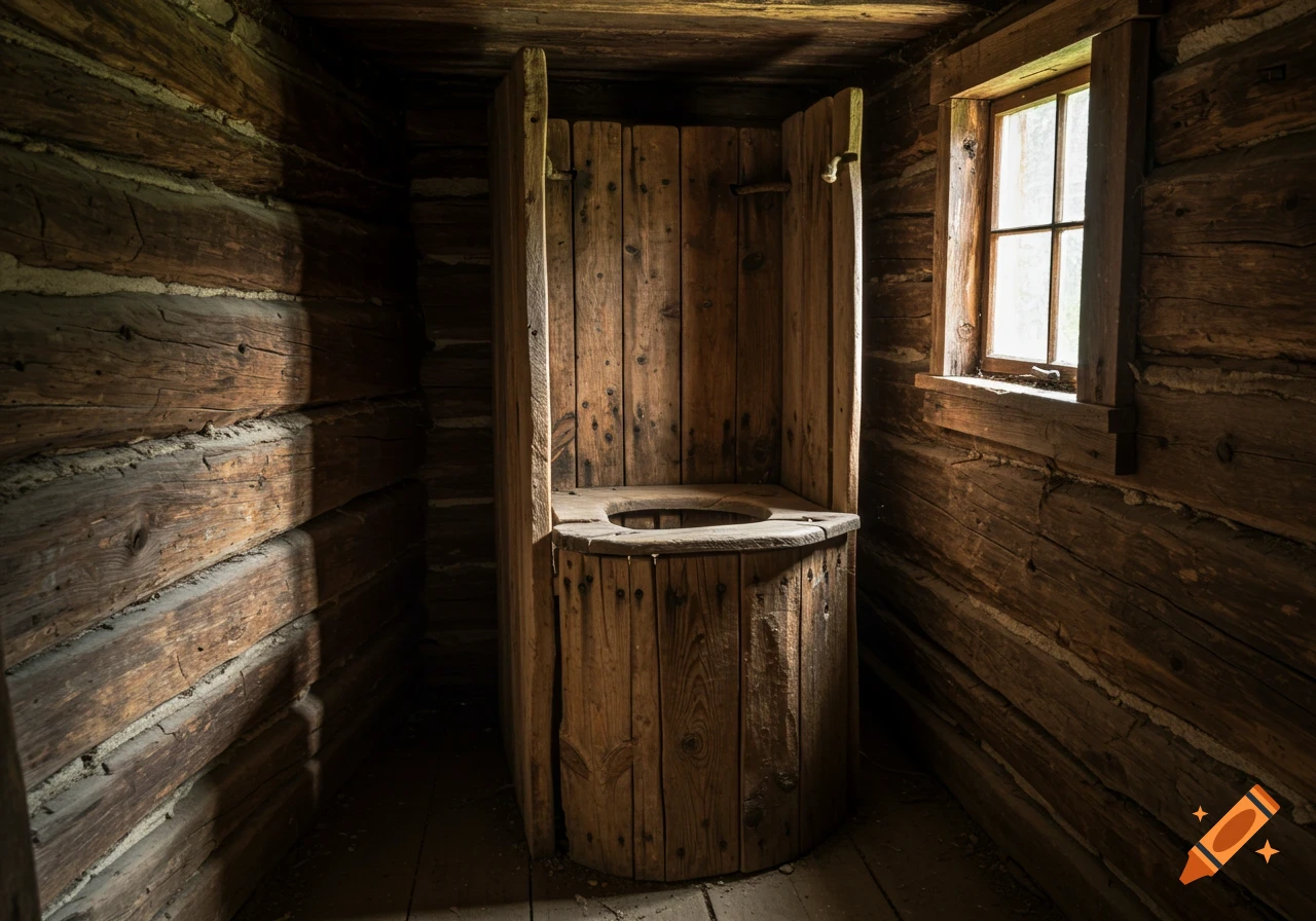 A rustic wooden latrine toilet in a dimly lit cabin room with a small window.