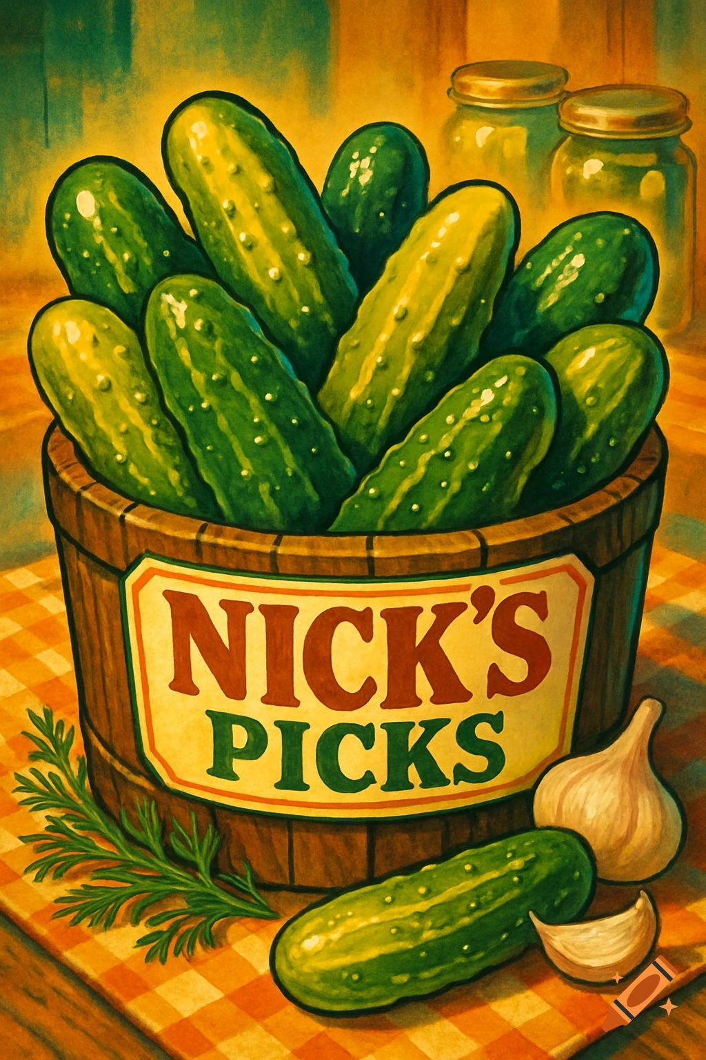 A vintage-style illustration of a wooden bucket overflowing with pickles, labeled 'NICK'S PICKS', accompanied by dill and garlic.
