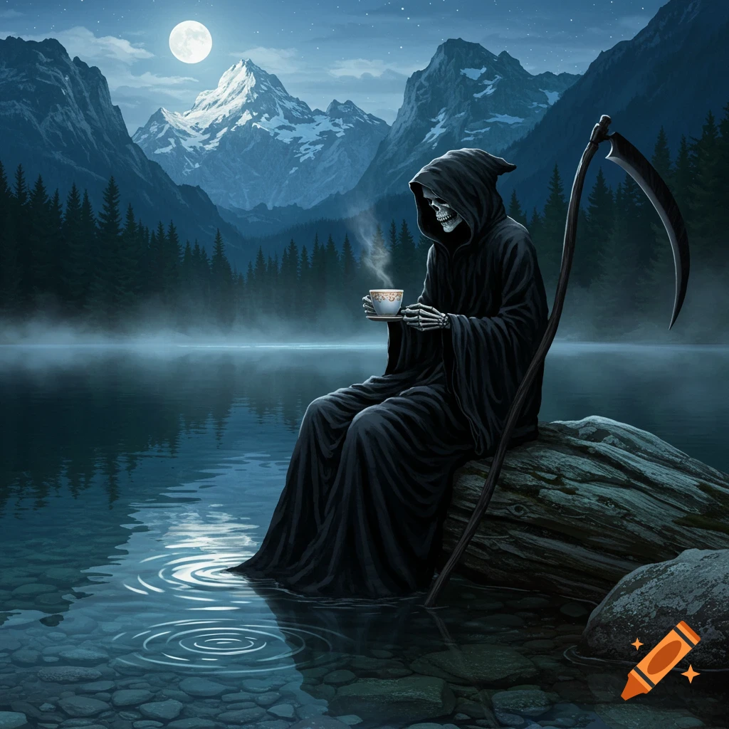 A hooded Grim Reaper skeleton sits on a rock in a misty mountain lake at night, sipping from a teacup under a full moon.