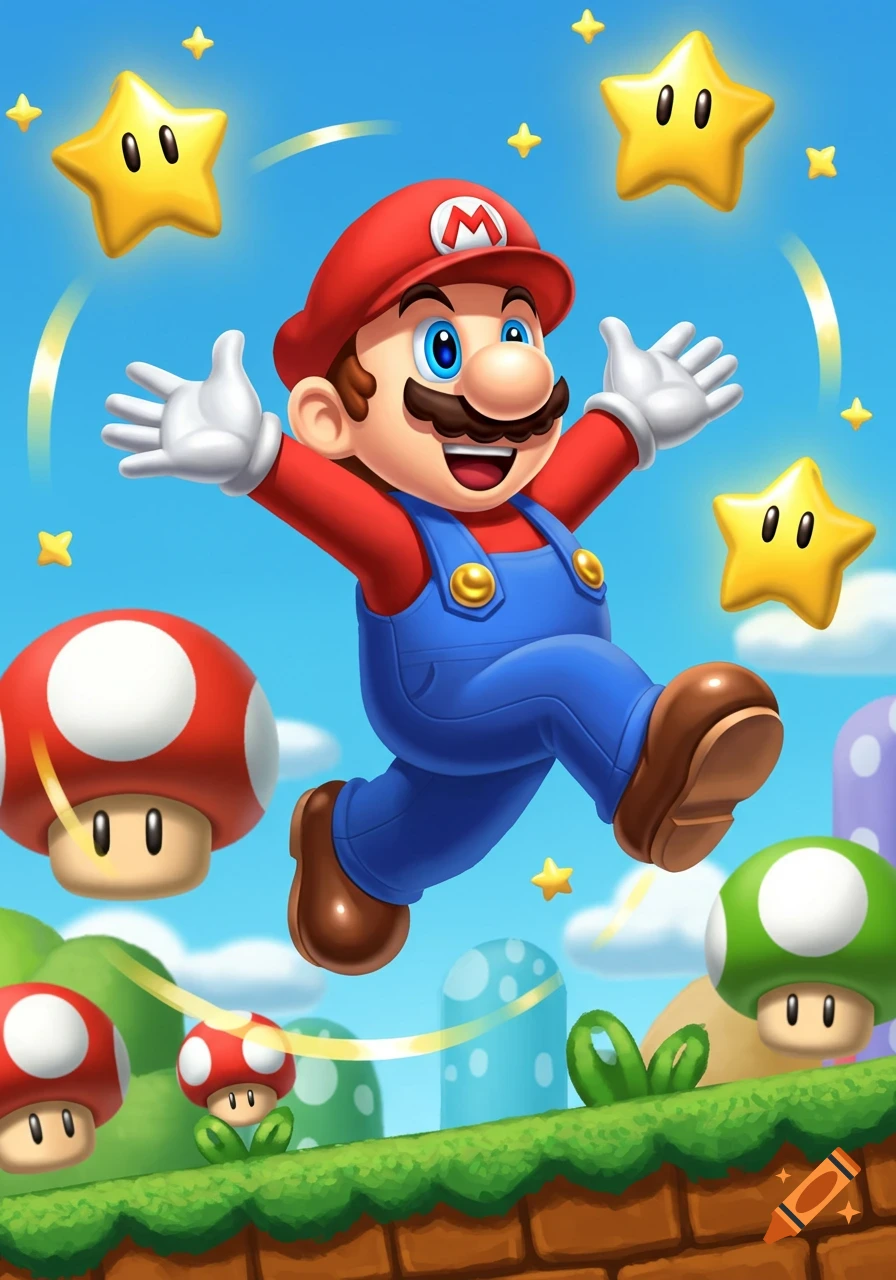 Super Mario jumps happily in a vibrant cartoon landscape with stars, mushrooms, and green hills.