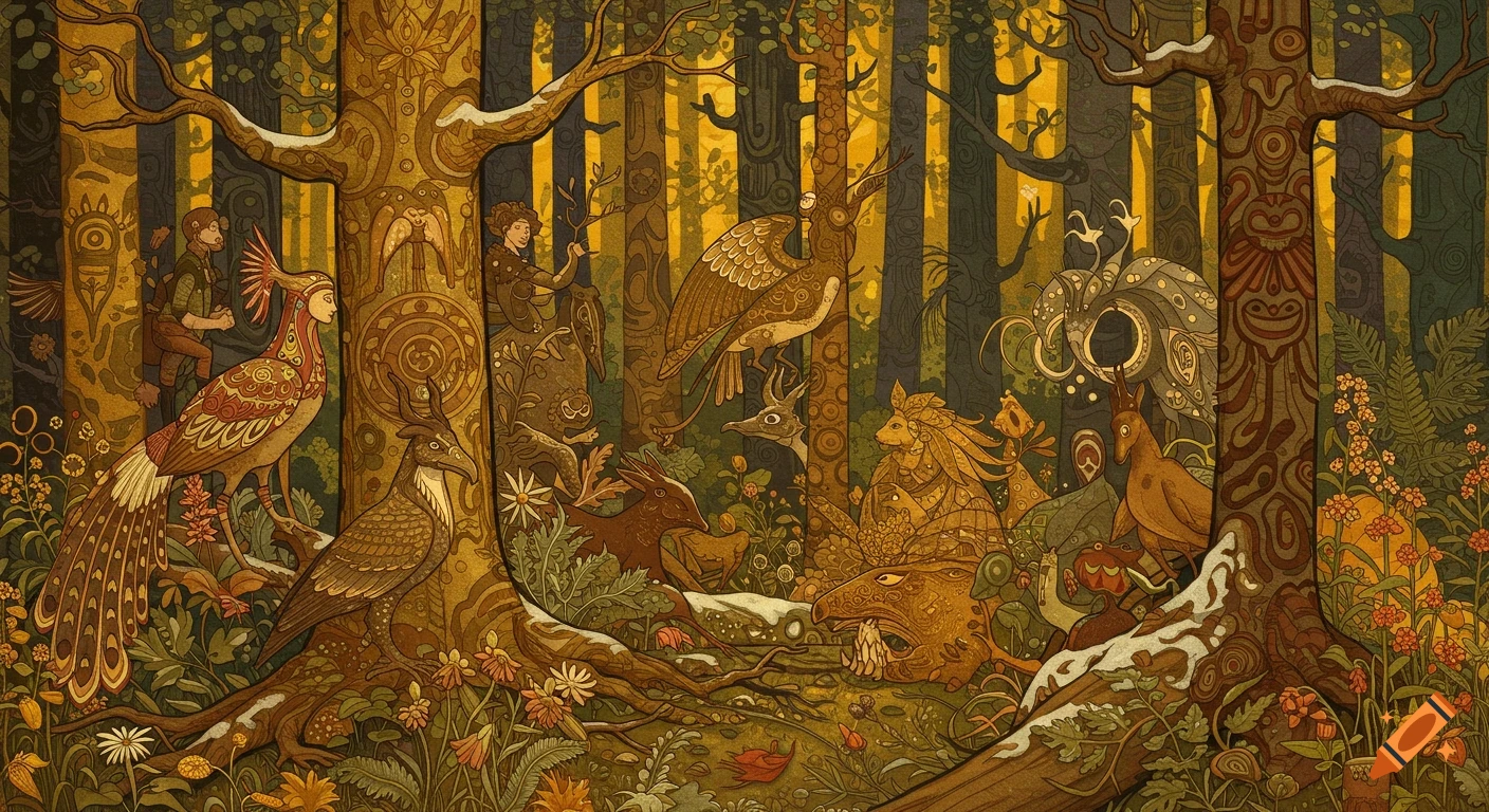 Intricate line drawing of a fantastical forest gathering with mythical creatures and human-like figures, in gold, red, green, and black tones.