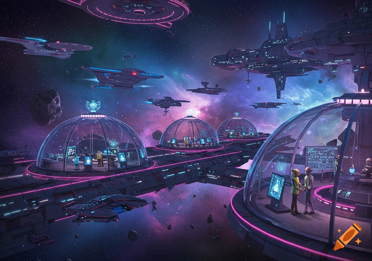 A colorful futuristic space station with multiple domed habitats and various spaceships flying in a purple and blue galaxy.