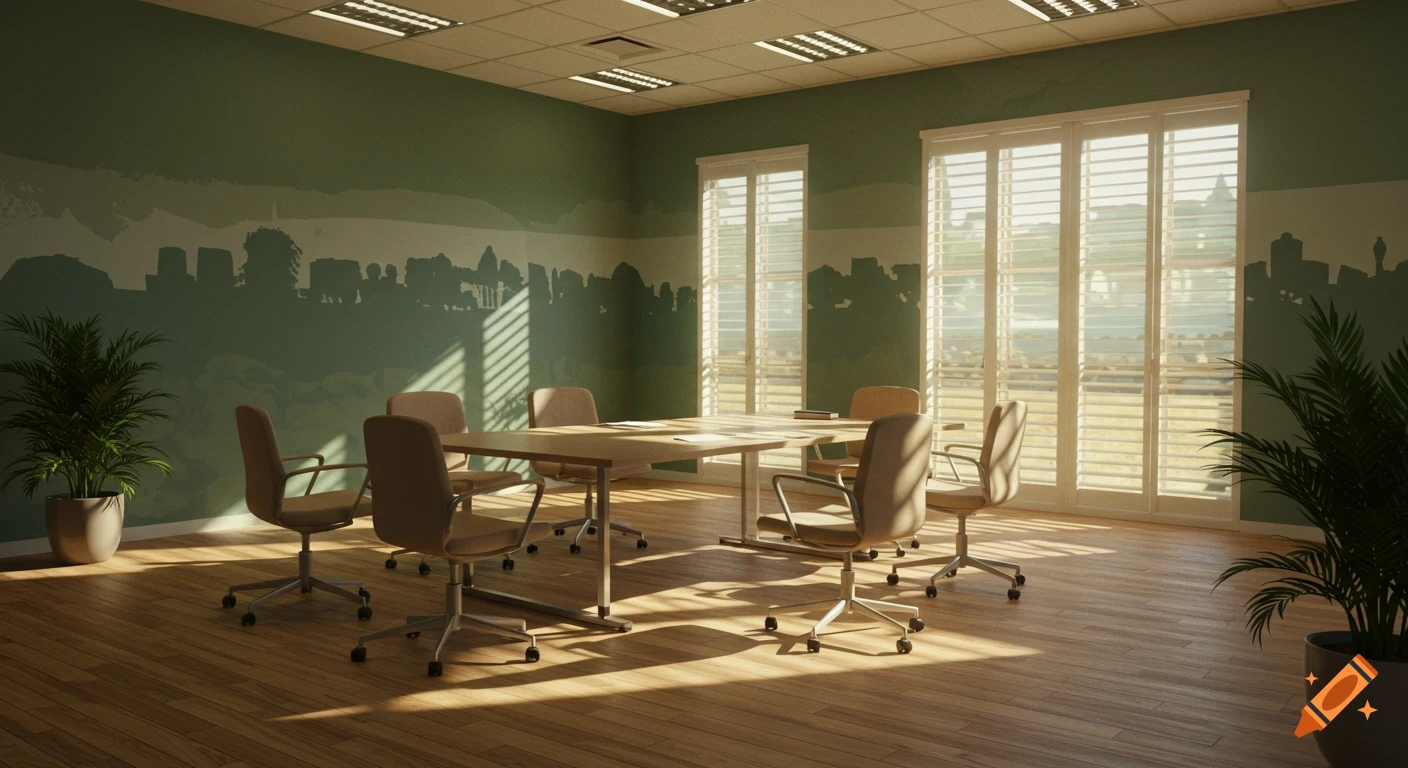 An empty, sunlit modern meeting room with a wooden floor, green wall with a city mural, large windows, and modern chairs.