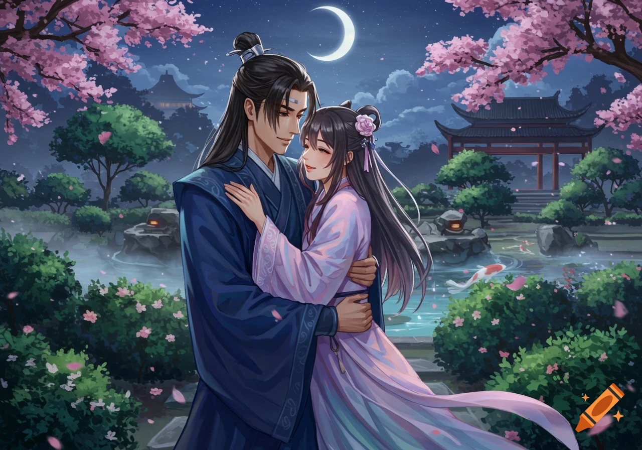Anime style image of a man and woman embracing under cherry blossoms at night in a traditional East Asian garden with a moon.
