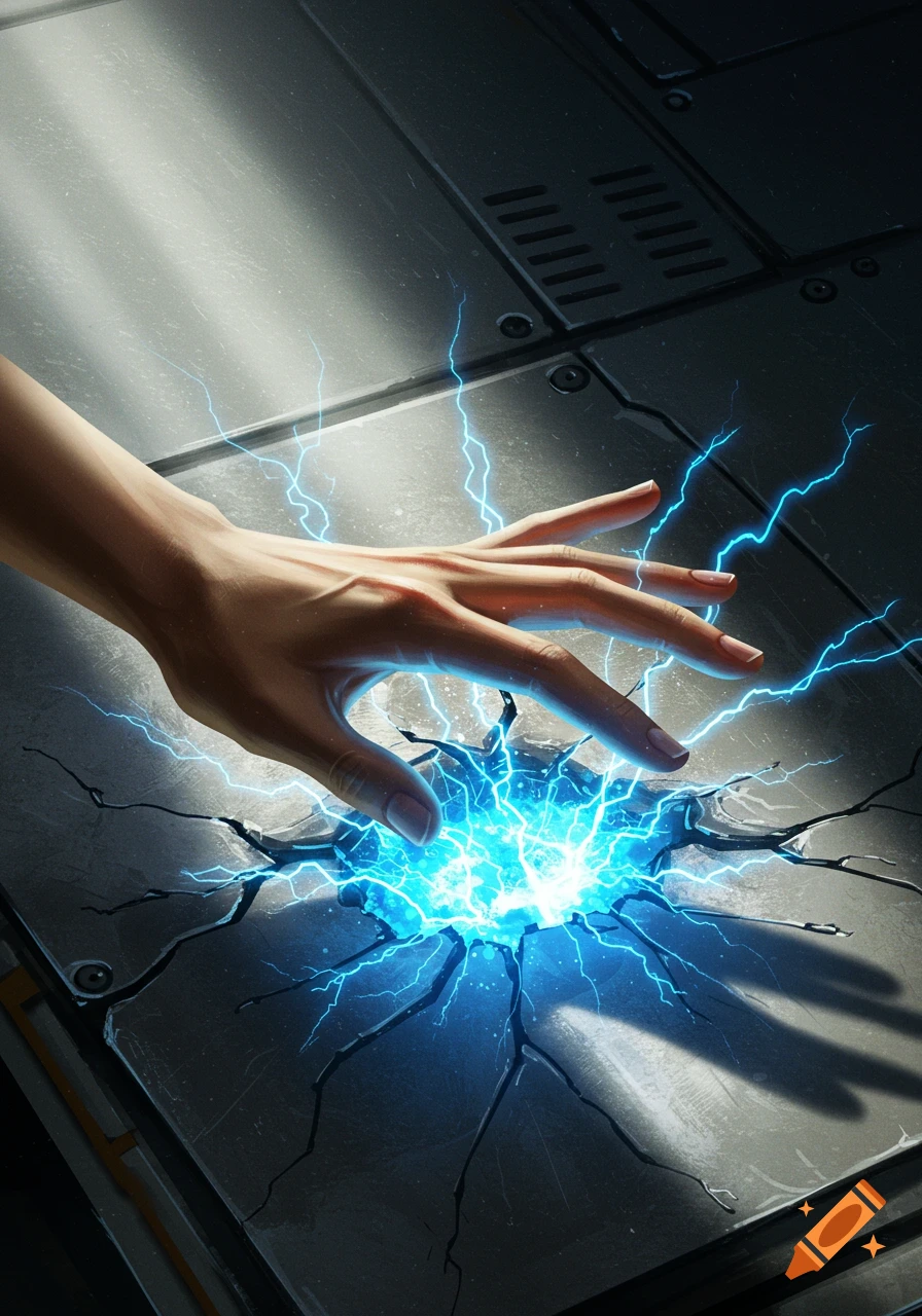 A human hand touches a cracked metallic surface, generating bright blue electrical energy and sparks in a realistic style.