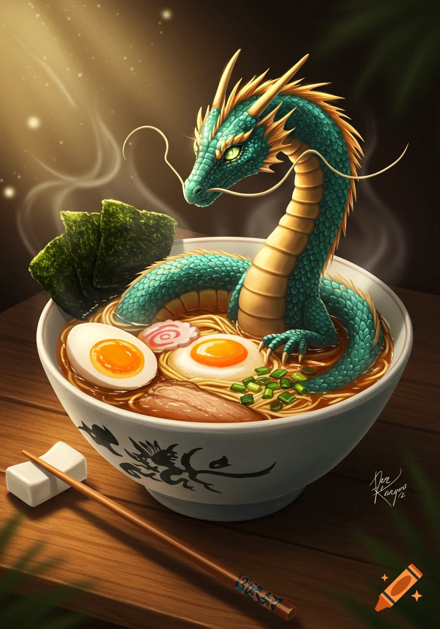 A vibrant green and gold dragon curled up inside a steaming bowl of ramen, complete with eggs, nori, and chopsticks on a wooden table.