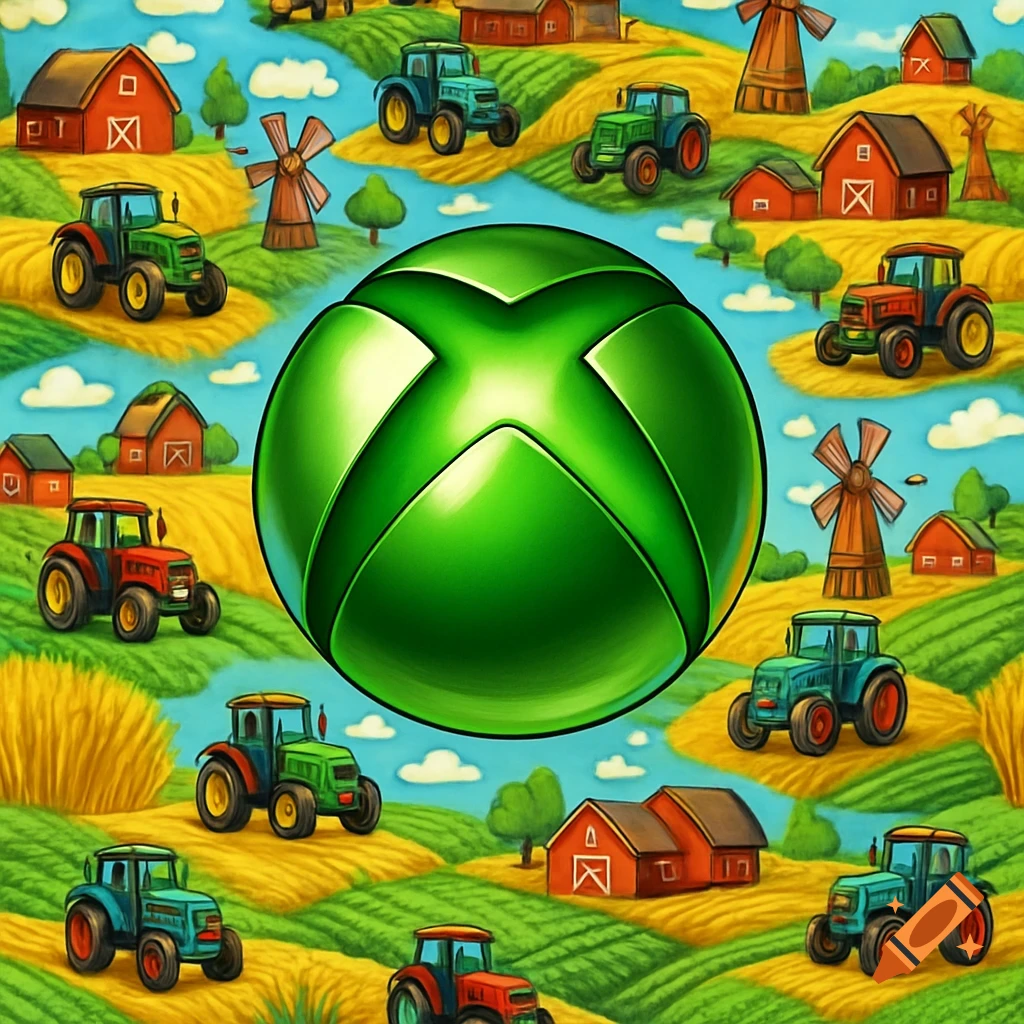 A vibrant green Xbox logo centrally placed over a cartoon-style farm scene with tractors, barns, and windmills.