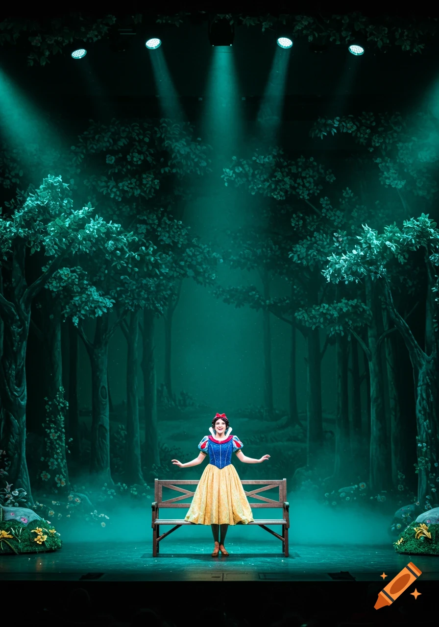 A woman in a Snow White costume stands on a stage with a forest backdrop, illuminated by teal spotlights.