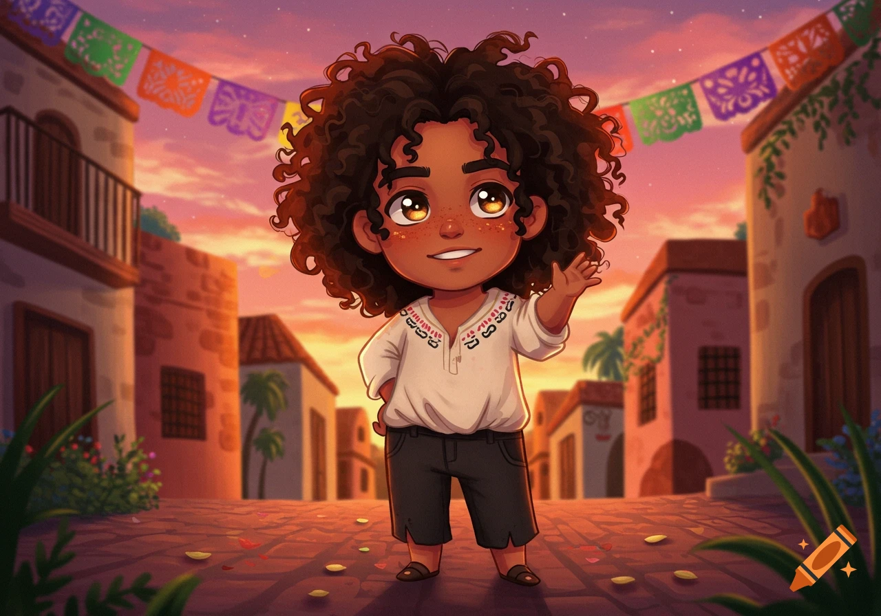 Cute chibi male character with curly dark hair, freckles, waving in a vibrant Mexican village street at sunset with papel picado banners.