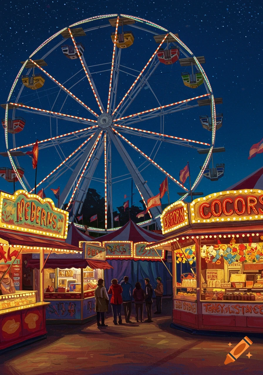 A vibrant night scene at a fairground with a brightly lit Ferris wheel under a starry sky, surrounded by illuminated food stalls where people gather.