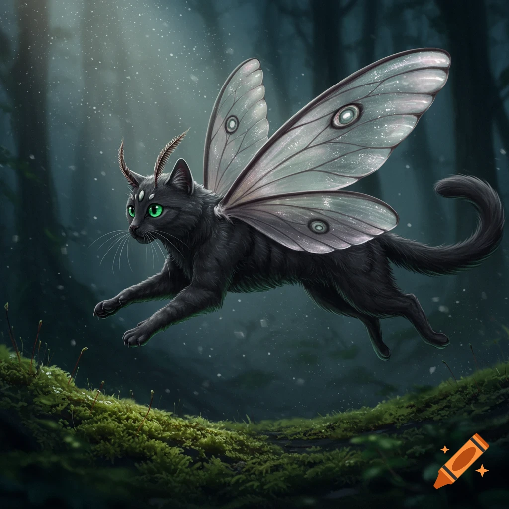 A black cat with large, translucent moth wings and feathery antennae flies over a mossy log in a dark forest.