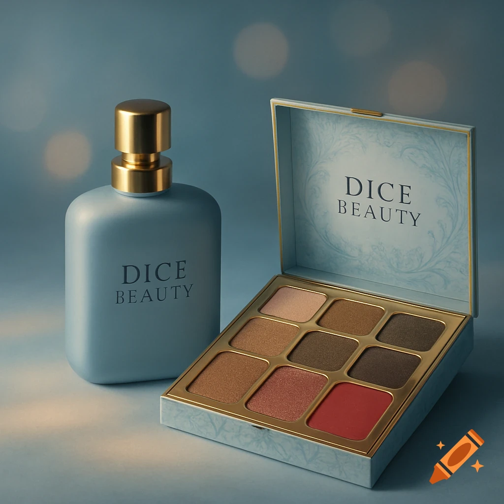 Light blue perfume bottle with gold cap and open eyeshadow palette with nine shades, branded 'DICE BEAUTY', on a soft blue background.