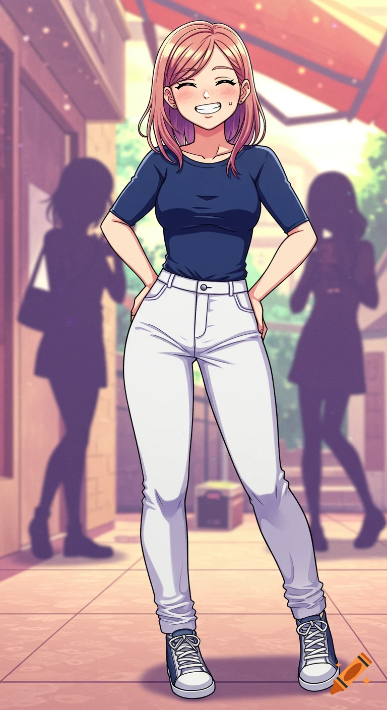 Anime girl with a pimple smiling, wearing a navy top, white pants, and sneakers, with hands on her waist. Blurred silhouettes are in the background.