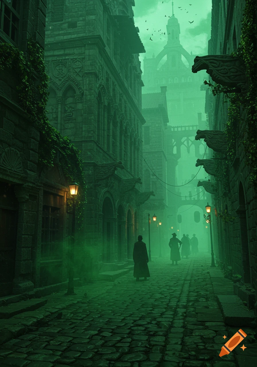 Dark fantasy art of a foggy, green-hued ancient city street with cloaked figures, stone buildings, gargoyles, and glowing street lamps.