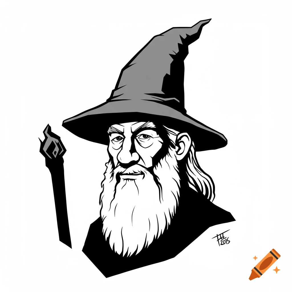 Vector black and white headshot of a wizard resembling Gandalf, wearing a pointed hat and long beard, holding a staff.