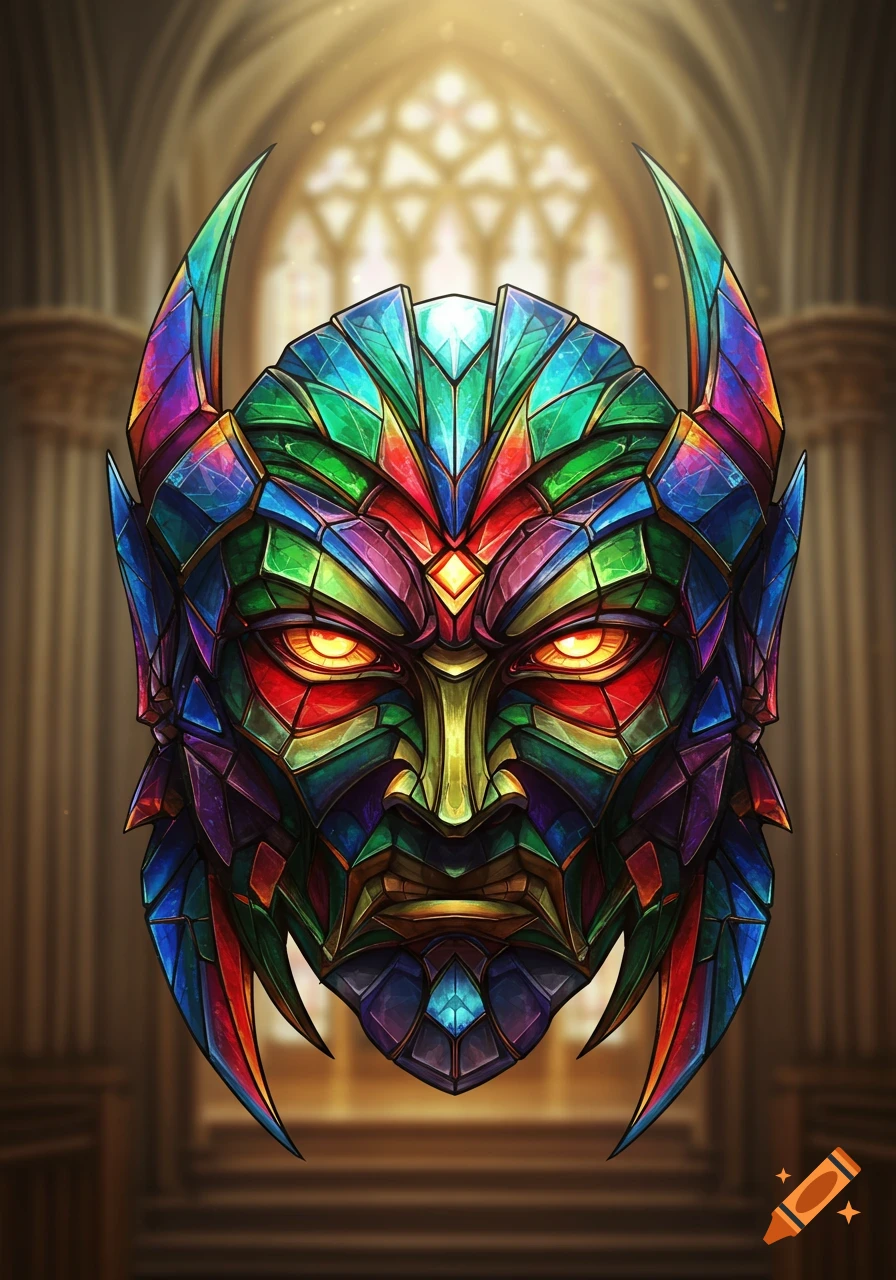 A colorful stained glass warrior mask with glowing orange eyes in a gothic architectural setting.
