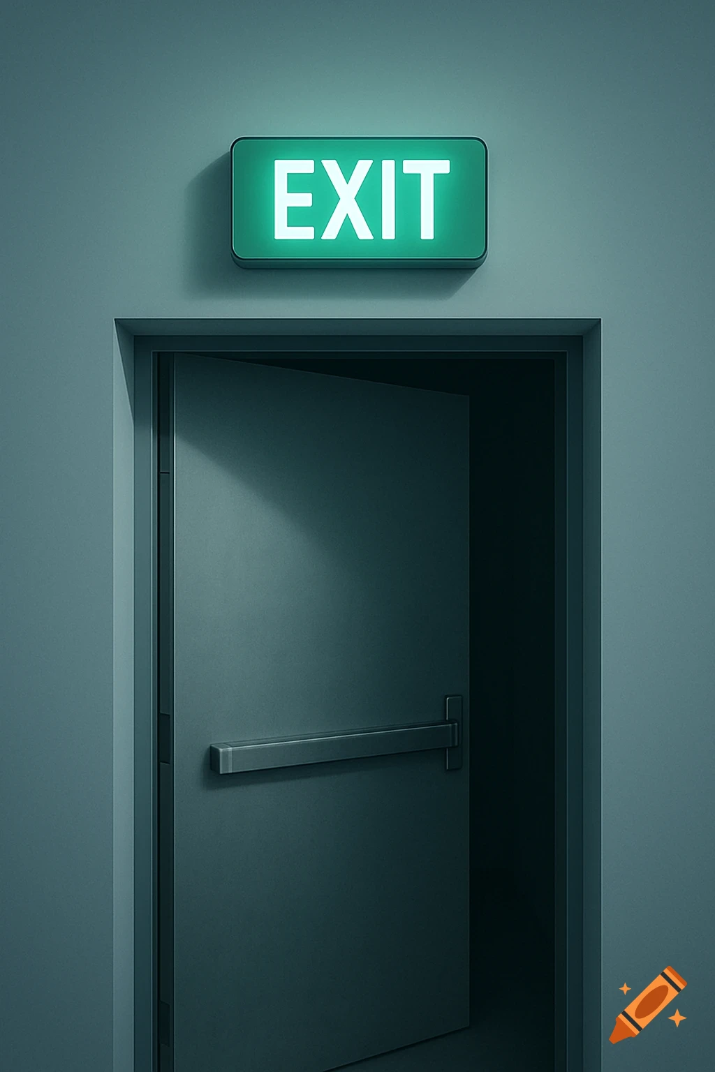 A glowing green EXIT sign above a partially open dark gray door, in a minimalist, photorealistic style.