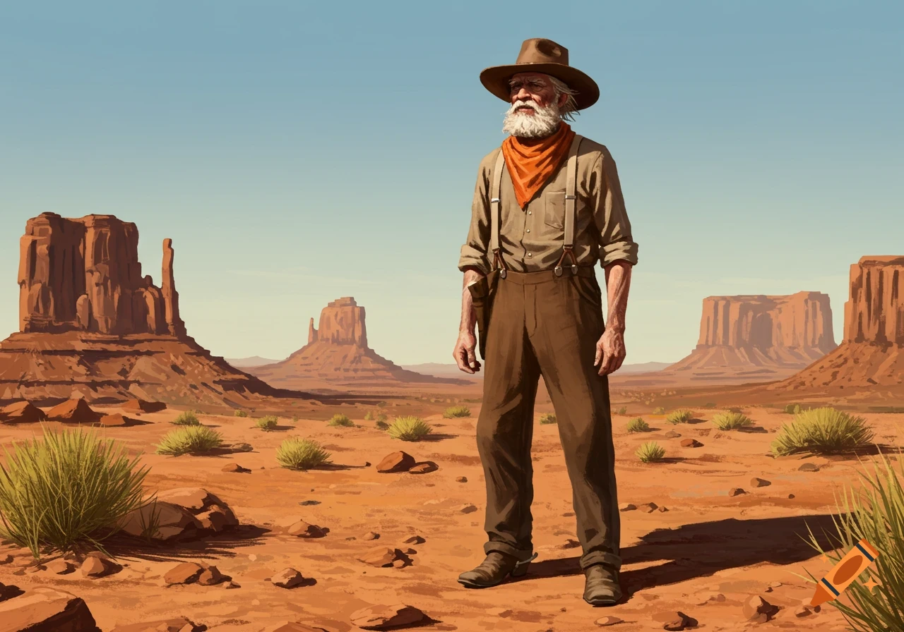 An elderly prospector with a white beard stands in a vast desert landscape with mesas under a clear sky.