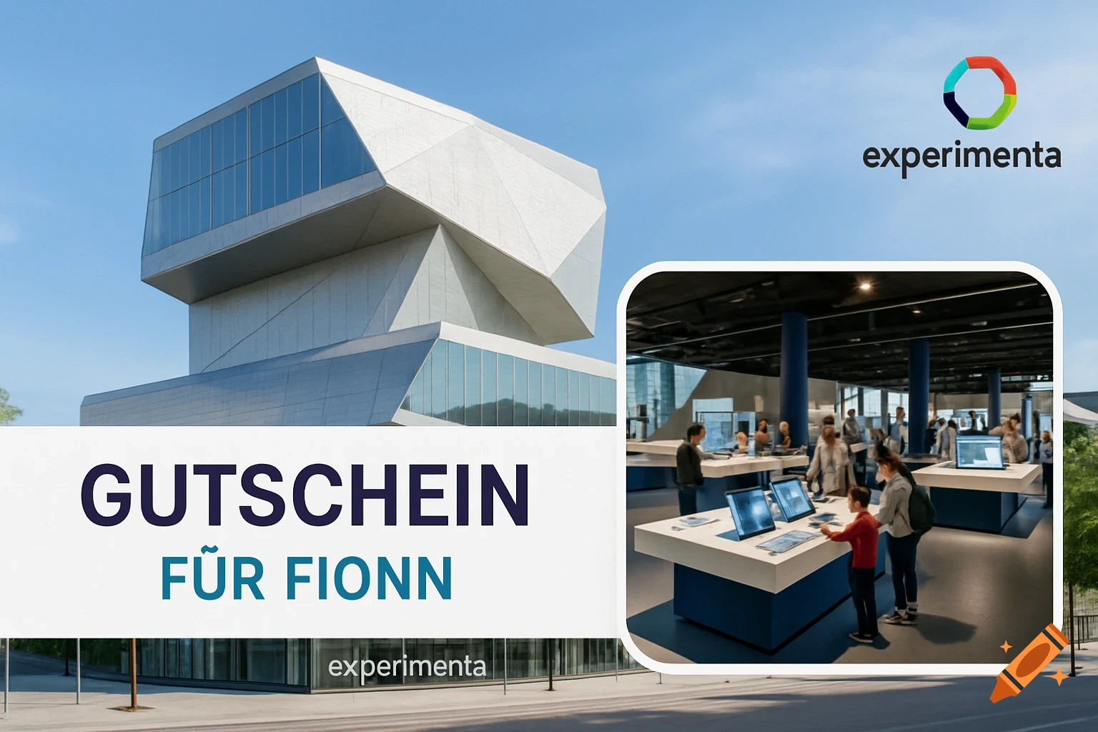 Voucher for Experimenta science center featuring its modern building and an interior exhibition hall with visitors.