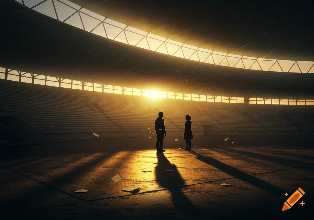 Two silhouetted figures stand on the field of an empty stadium at sunset, with papers scattered, dramatic and moody.
