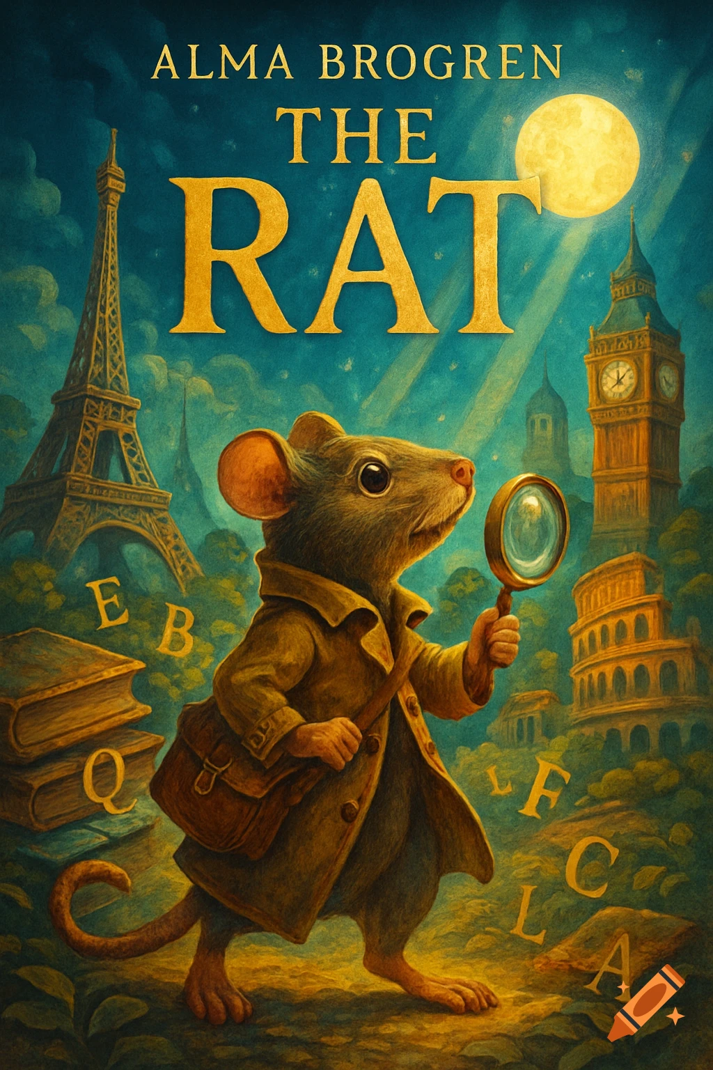 A stylized book cover features a rat in a trench coat holding a magnifying glass, standing before the Eiffel Tower, Big Ben, and the Colosseum under a full moon. Scattered letters float in the air, and books are stacked to the left. The title "THE RAT" and author "ALMA BROGREN" are at the top.