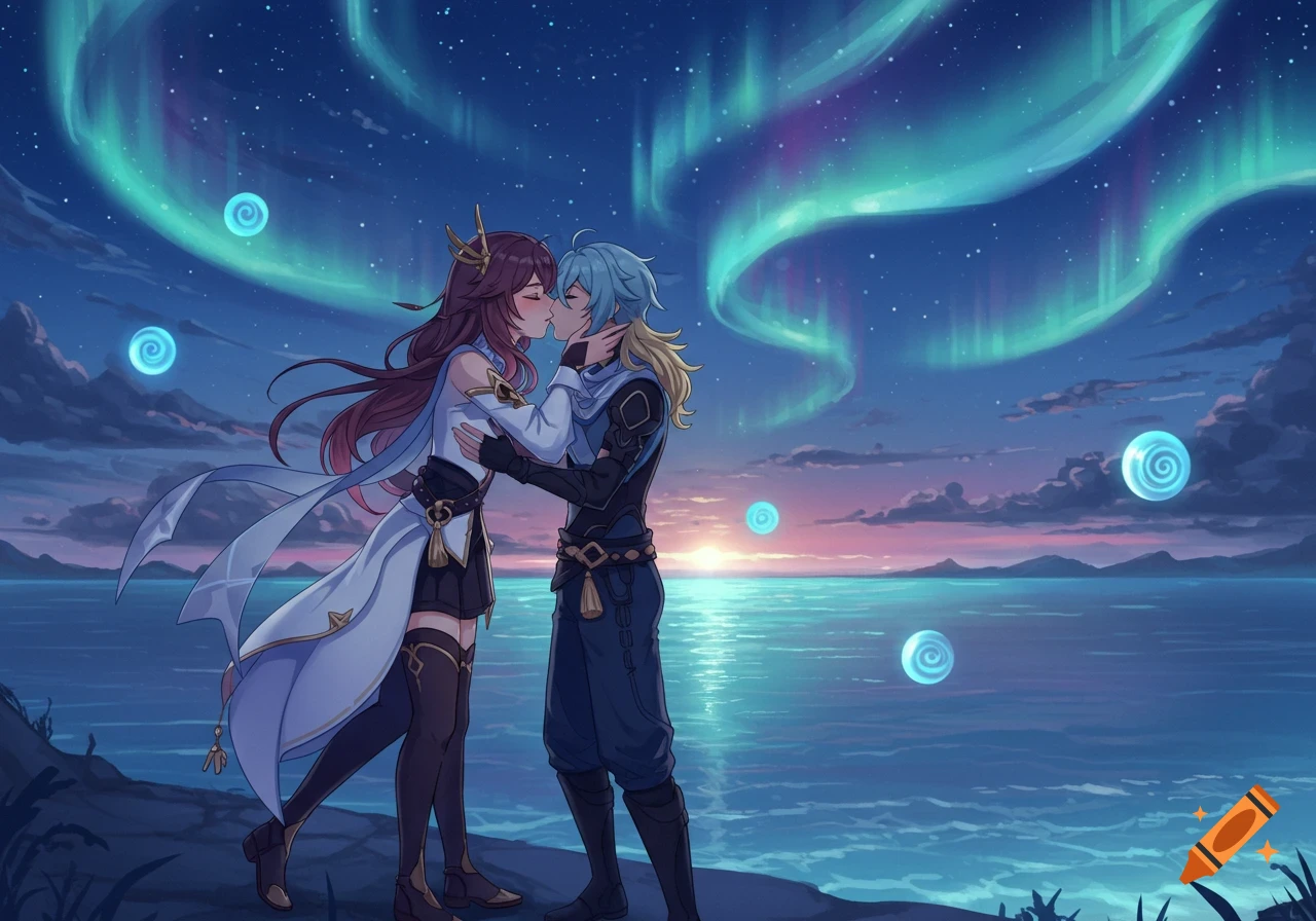 Anime-style characters kissing by the sea under a sky lit by the aurora borealis and glowing orbs.