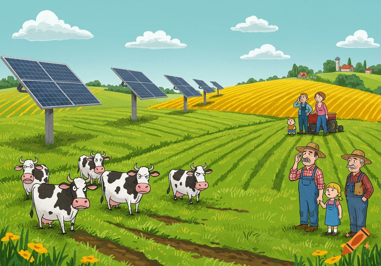 A cartoon rural scene where angry cows and concerned farmers look at solar panels in a green field with a yellow crop field and a family in the background.