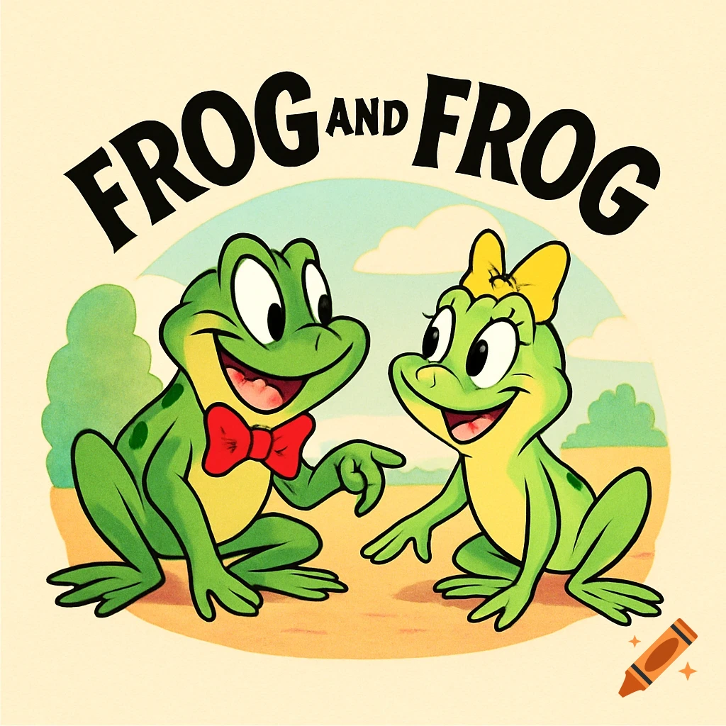 A classic cartoon logo featuring a male and female frog, with 'FROG AND FROG' text above.