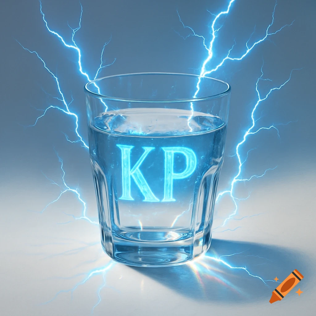 A photorealistic image of a glass of water with glowing blue initials KP inside and bright blue lightning bolts striking around it.