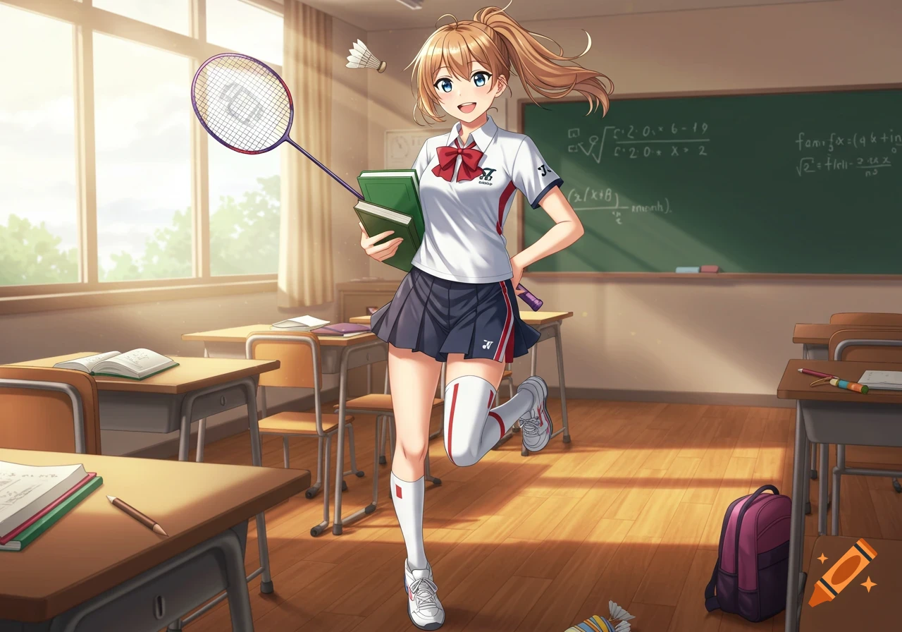 An anime schoolgirl in a white polo shirt, pleated skirt, and knee socks stands in a sunny classroom, holding a green book and a badminton racket.