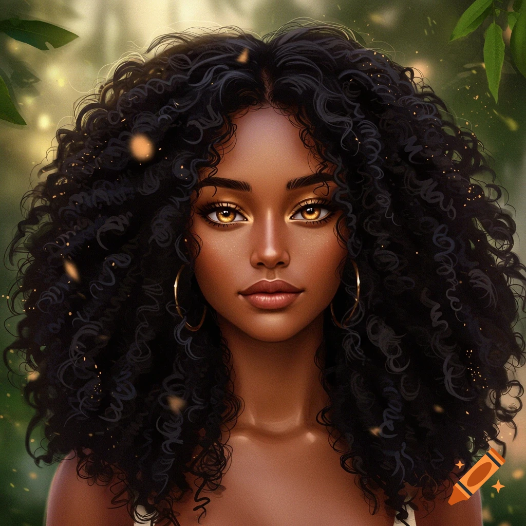 Close-up portrait of a young woman with dark curly hair, tan skin, and striking golden eyes, against a soft green background.