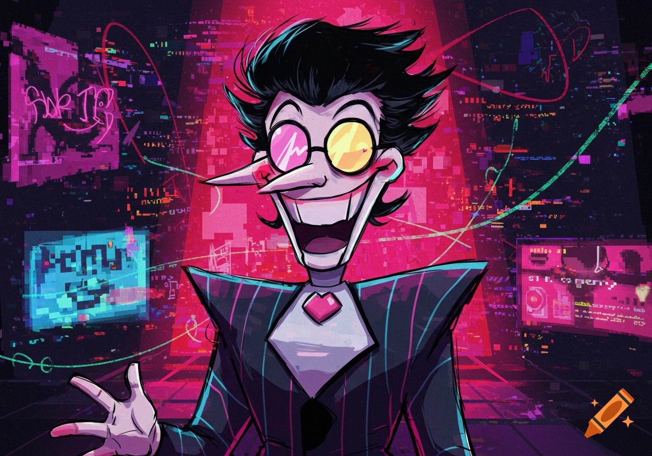 Spamton, a cartoon character from Deltarune, smiles widely with glowing glasses, wearing a pinstripe suit against a glitchy, neon pink and purple digital background.