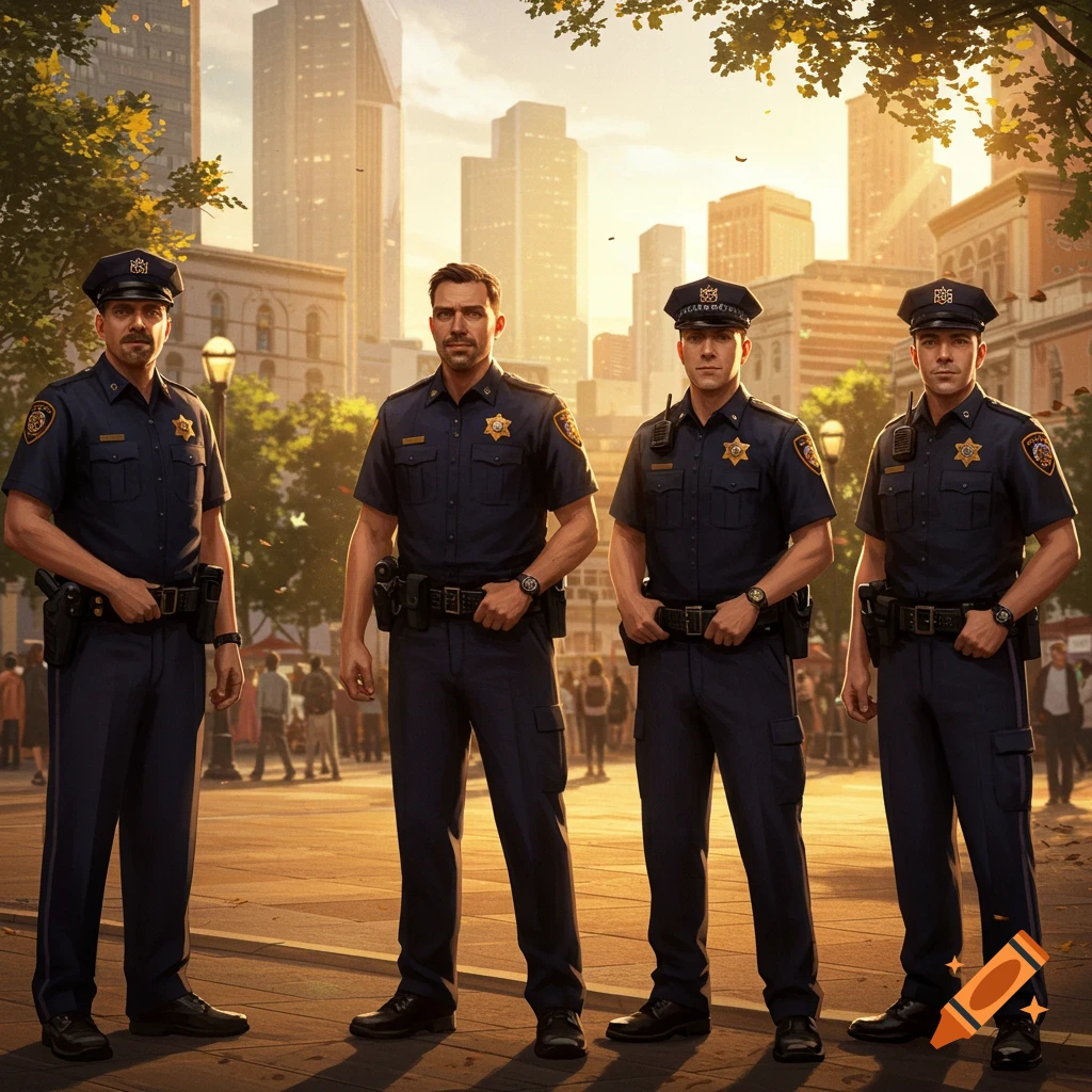 Four uniformed policemen stand on a city street at sunset, with tall buildings in the background.