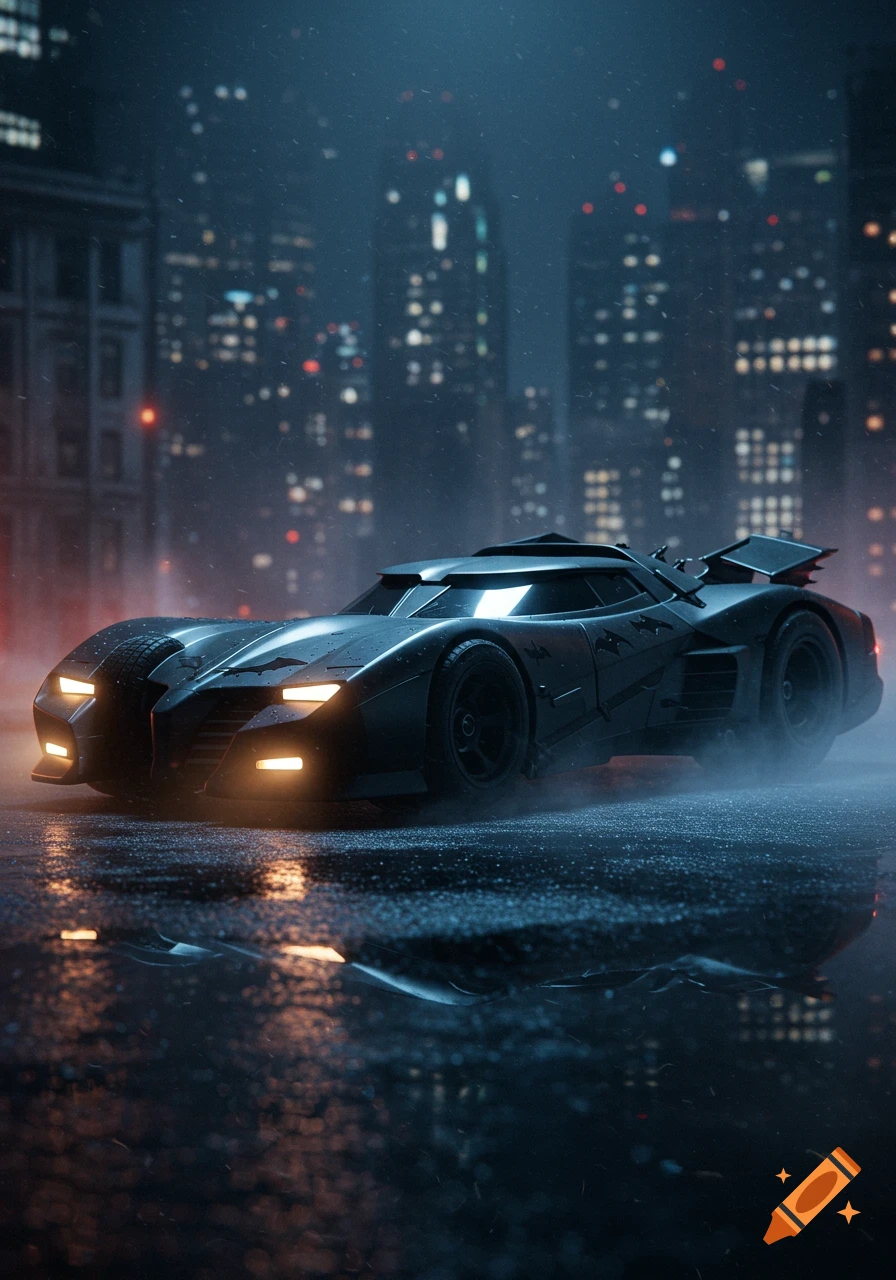 A sleek, black, futuristic car, resembling the Batmobile, on a wet city street at night, with blurry city lights in the background.