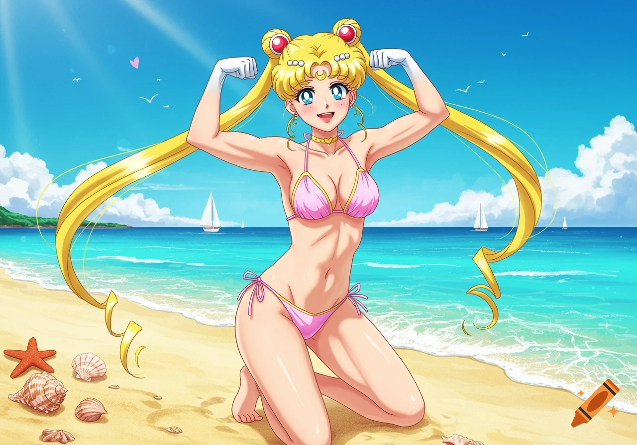 Anime-style Sailor Moon in a pink bikini, flexing her muscles on a sunny beach.