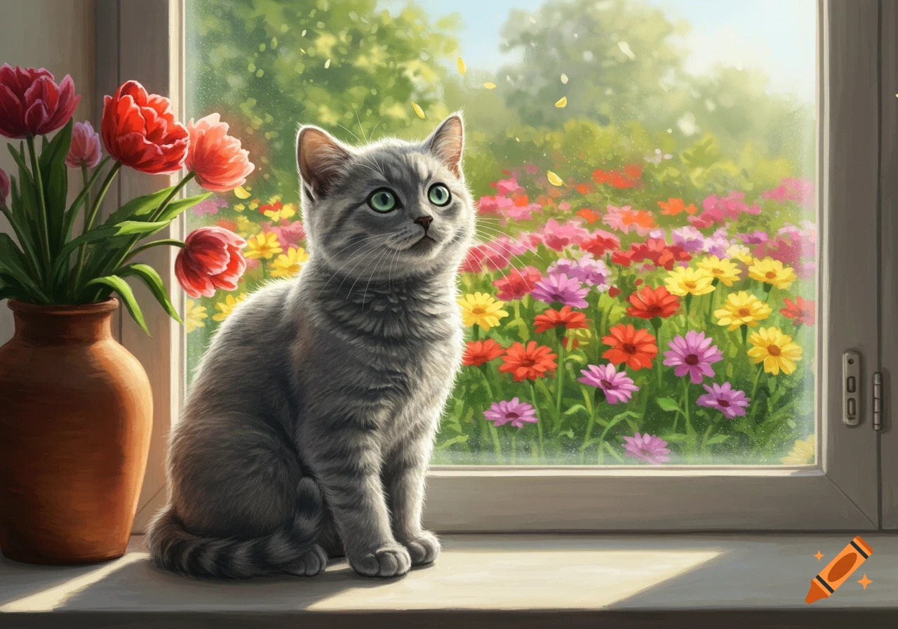 A gray tabby cat with green eyes sits on a sunlit windowsill, looking out at a vibrant flower garden, realistic style.