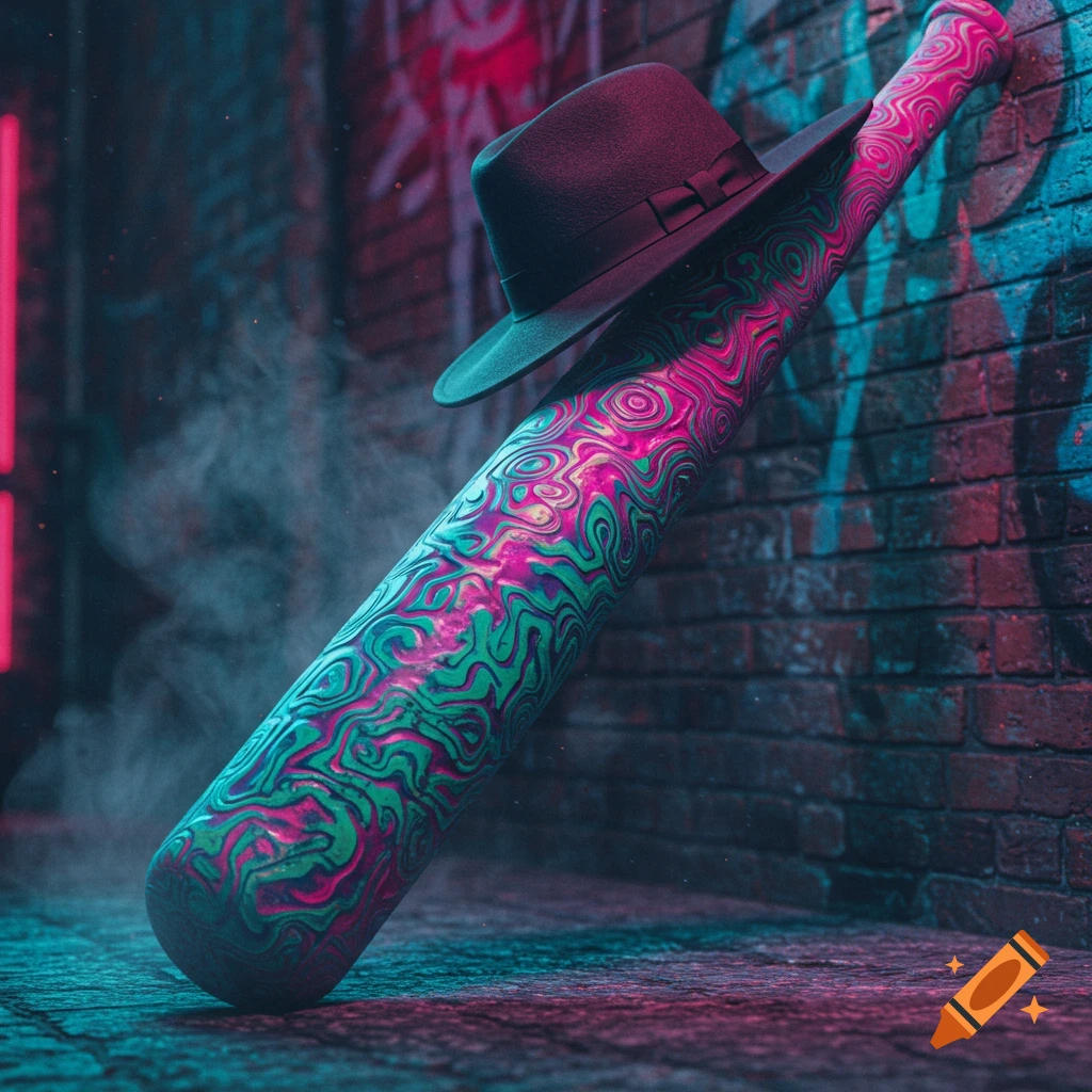 A fedora rests on a vibrant, abstract-patterned baseball bat leaning against a graffiti brick wall in a neon-lit alley.