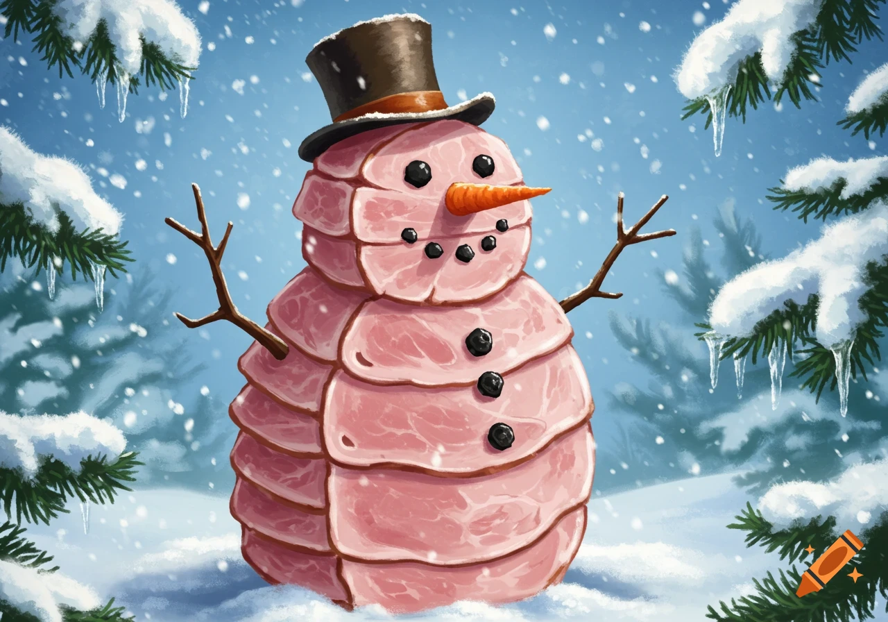 A cheerful snowman made of slices of pink ham, wearing a top hat, carrot nose, and stick arms, stands in a snowy forest.