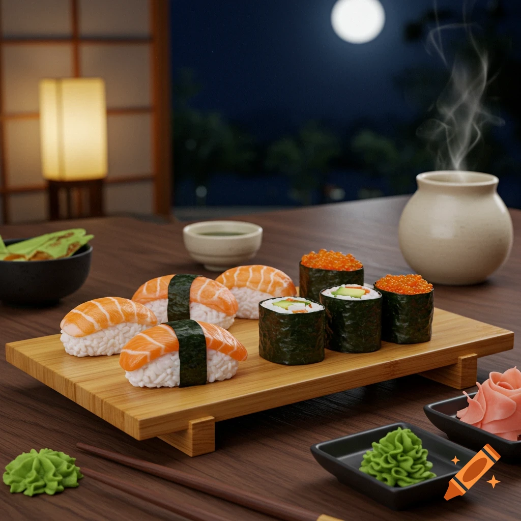 Various sushi on a wooden tray with sides like wasabi and ginger, set on a table in a Japanese room at night.