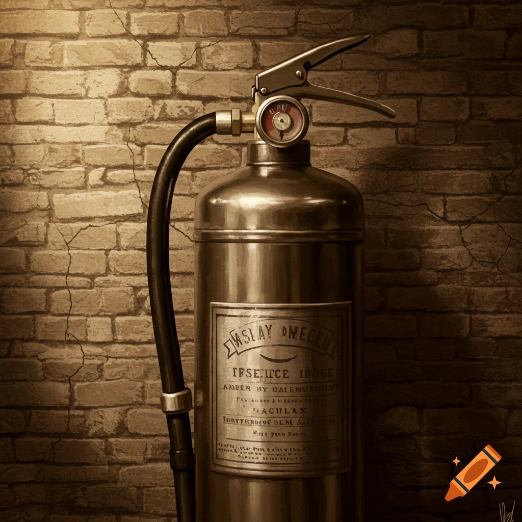 A sepia-toned, vintage-style metal fire extinguisher with a black hose and pressure gauge, standing against a cracked brick wall.