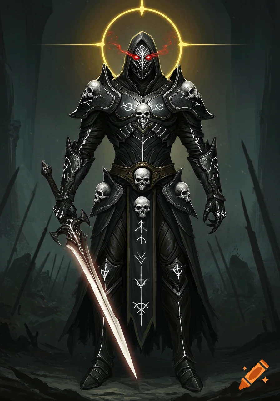 A dark armored warrior with red glowing eyes, skull designs, a gold halo, and a glowing sword stands in a desolate landscape.